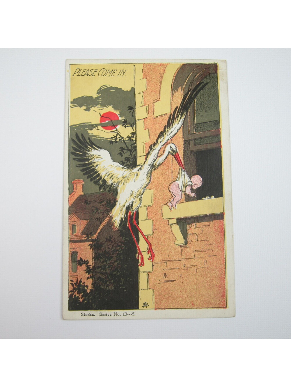 Postcard Congratulations Antique 1907 Adolph Selige Stork & Baby Birth Announce